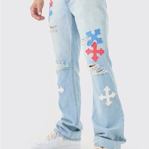 SOLD****BoohooMAN slim rigid Flare Applique Jeans in Ice Blue